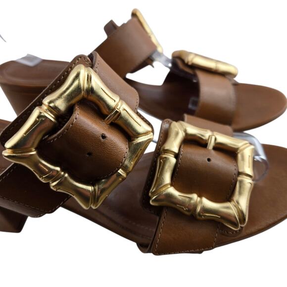 Schutz Enola Mid Block Sandals Womens 8.5 Caramel Brown Leather Gold Tone Buckle - Picture 3 of 10